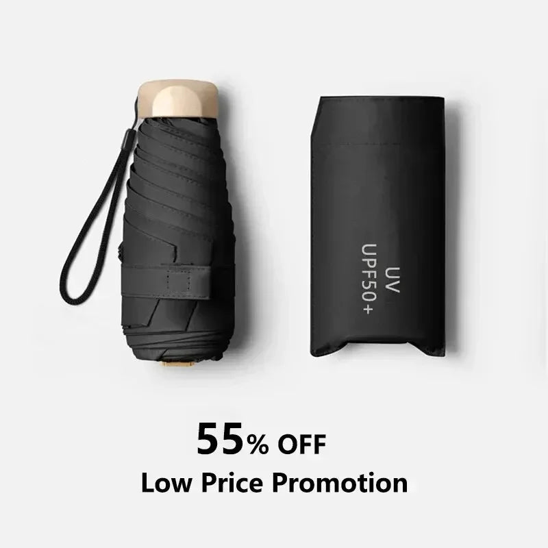 Black umbrella with wooden handle and black carrying case on a white background, with text indicating a discount.