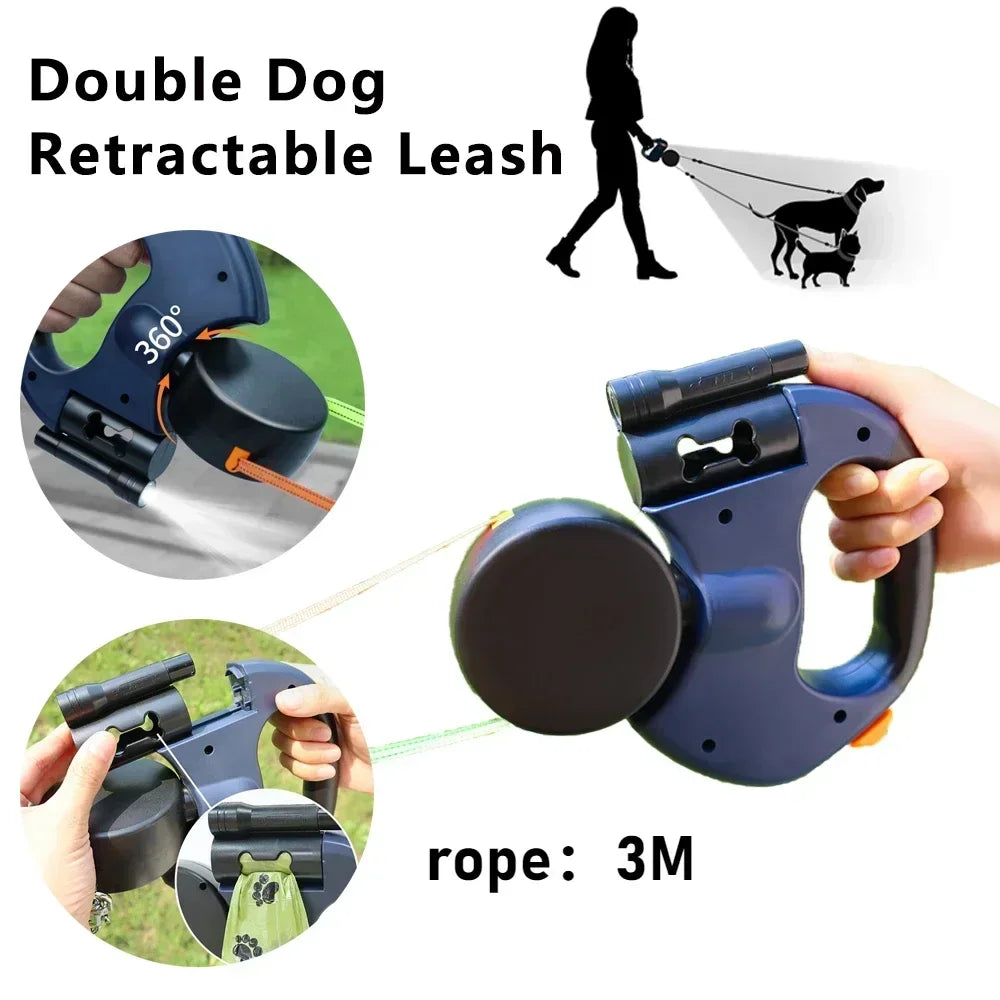Retractable Dual Doggie Leash with LED Light,