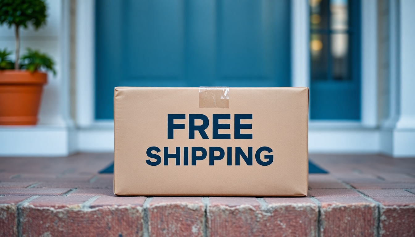 A delivery box with free shipping label on doorstep